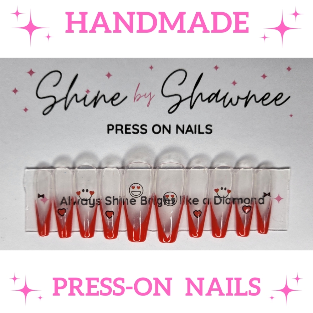 Handmade Luxury Press-On Nails | Sturdy & Reusable | SMILEY FACE RED